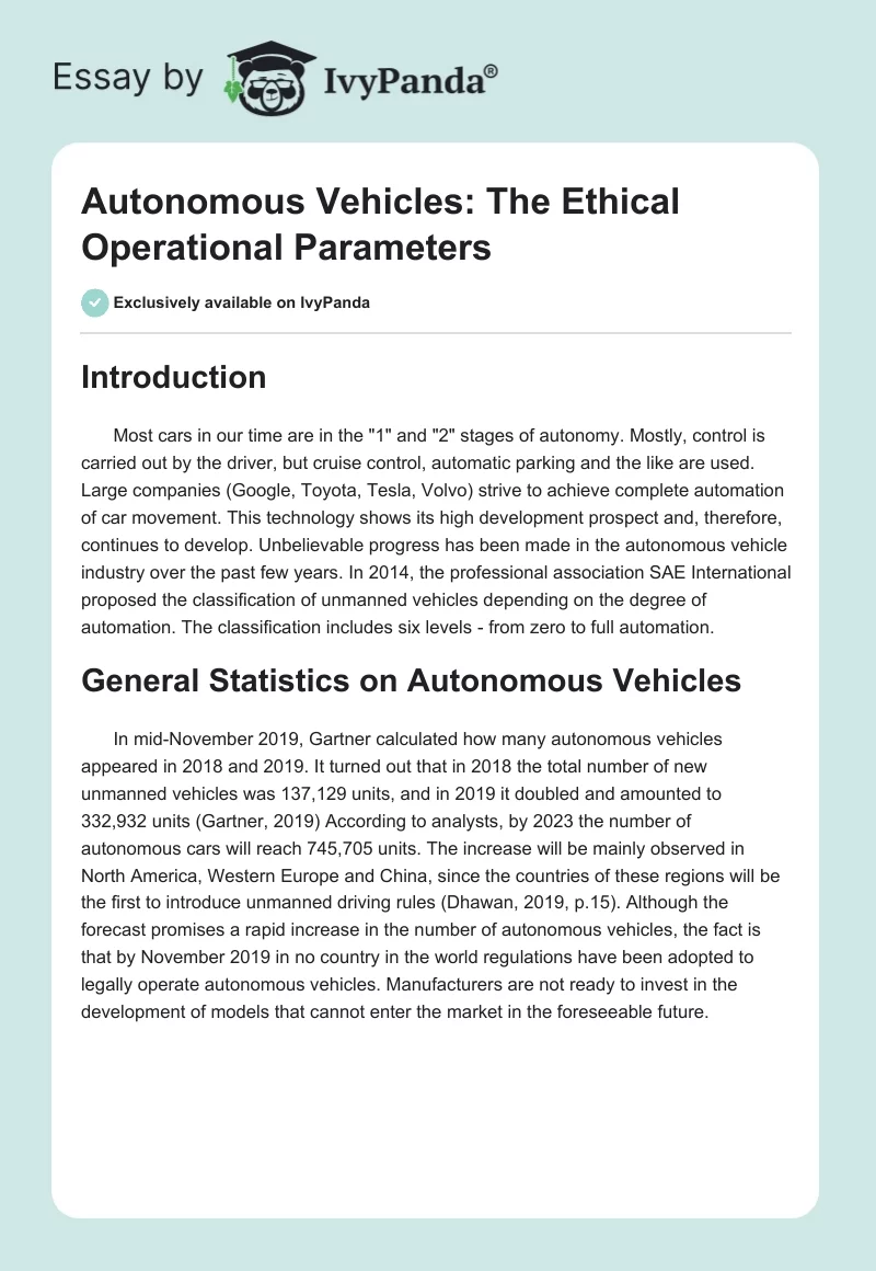 Autonomous Vehicles: The Ethical Operational Parameters. Page 1