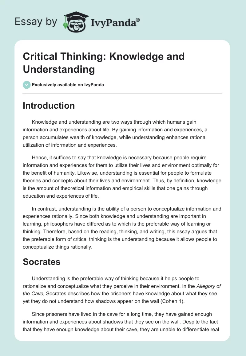 Critical Thinking: Knowledge and Understanding. Page 1