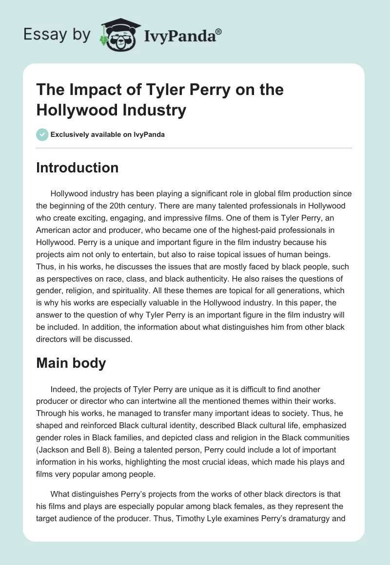 The Impact of Tyler Perry on the Hollywood Industry. Page 1
