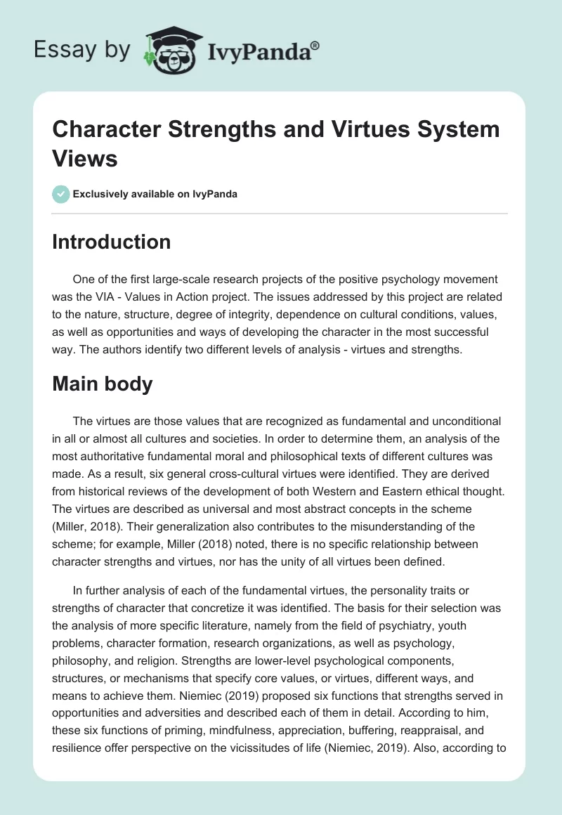 Character Strengths and Virtues System Views. Page 1