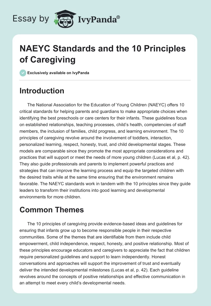 NAEYC Standards and the 10 Principles of Caregiving. Page 1