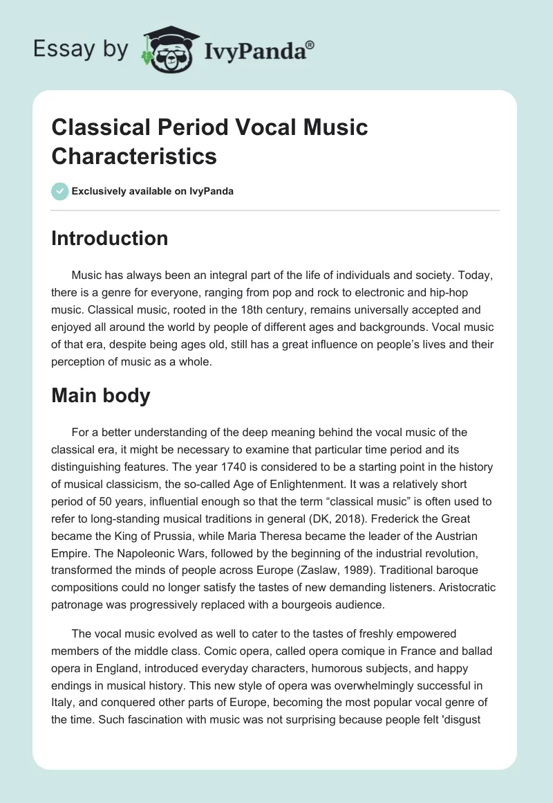 Classical Period Vocal Music Characteristics. Page 1