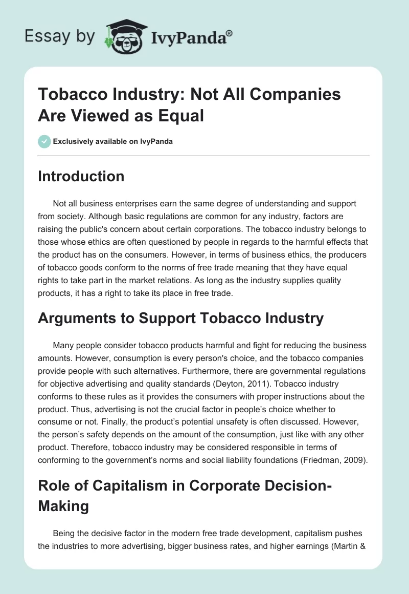 Tobacco Industry: Not All Companies Are Viewed as Equal. Page 1