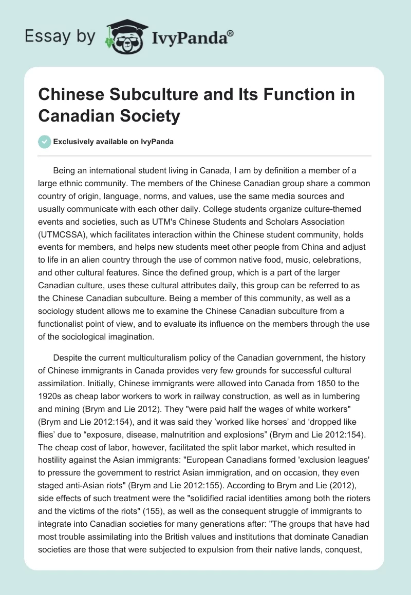 Chinese Subculture and Its Function in Canadian Society. Page 1