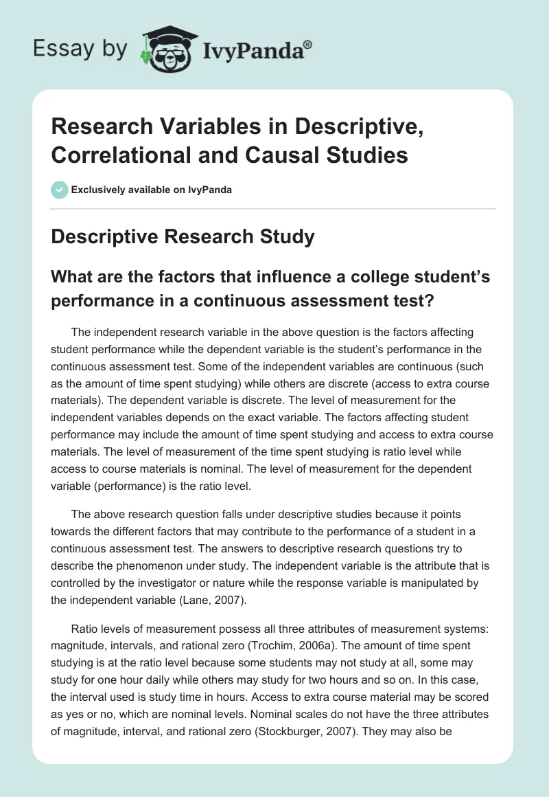 Research Variables in Descriptive, Correlational and Causal Studies. Page 1