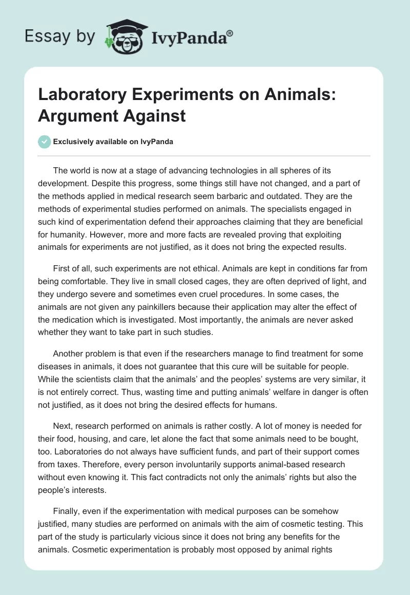 Laboratory Experiments on Animals: Argument Against. Page 1