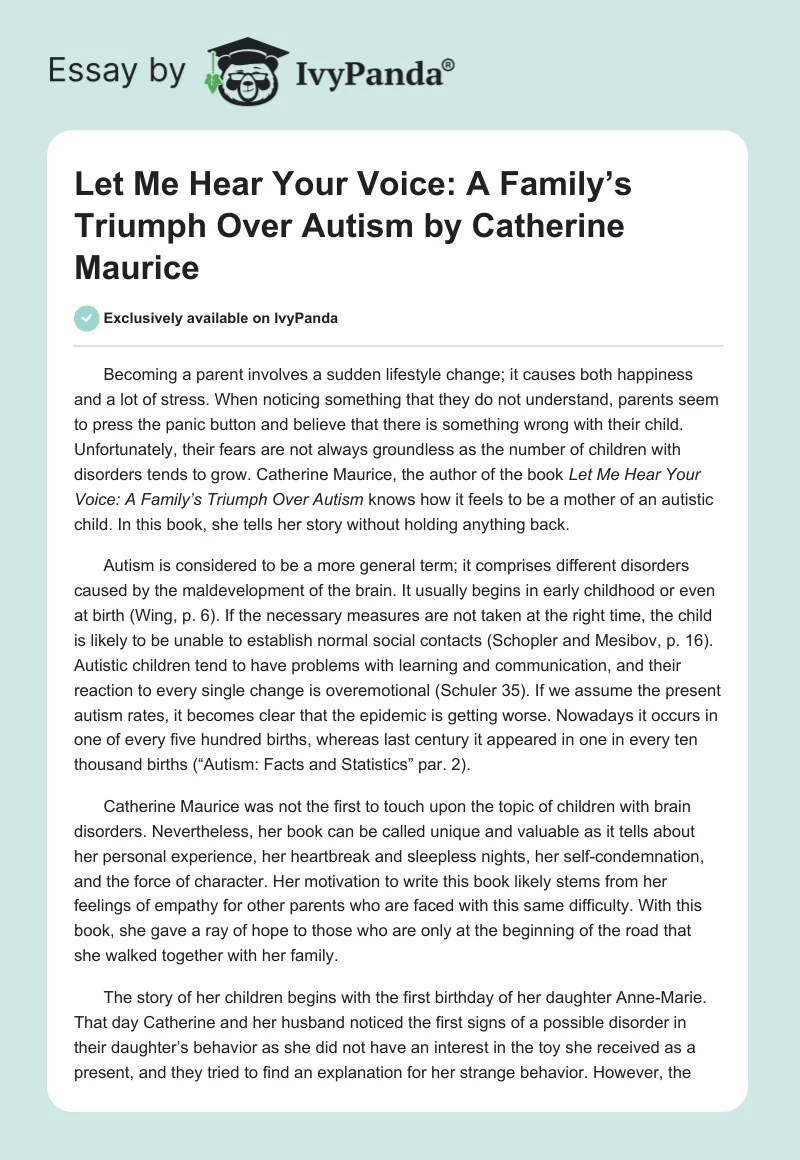 "Let Me Hear Your Voice: A Family’s Triumph Over Autism" by Catherine Maurice. Page 1