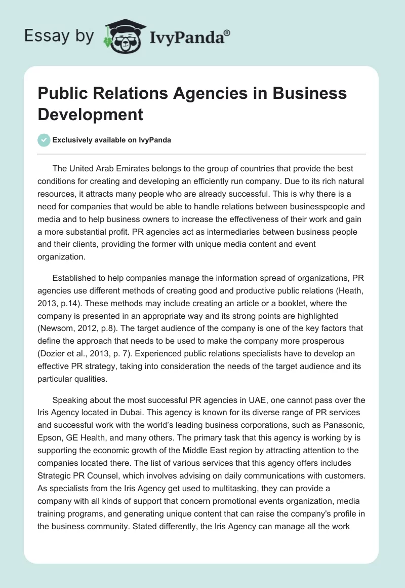 Public Relations Agencies in Business Development. Page 1