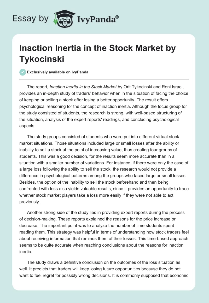 Inaction Inertia in the Stock Market by Tykocinski. Page 1