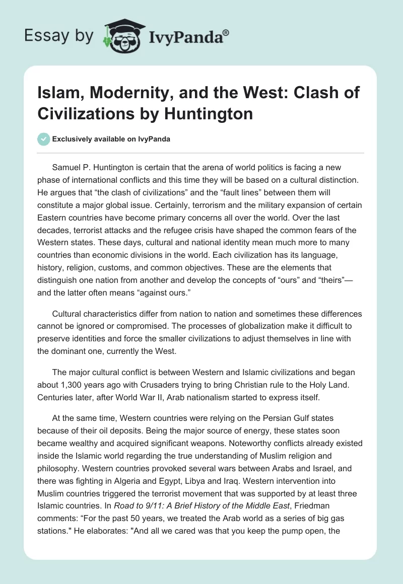 Islam, Modernity, and the West: "Clash of Civilizations" by Huntington. Page 1