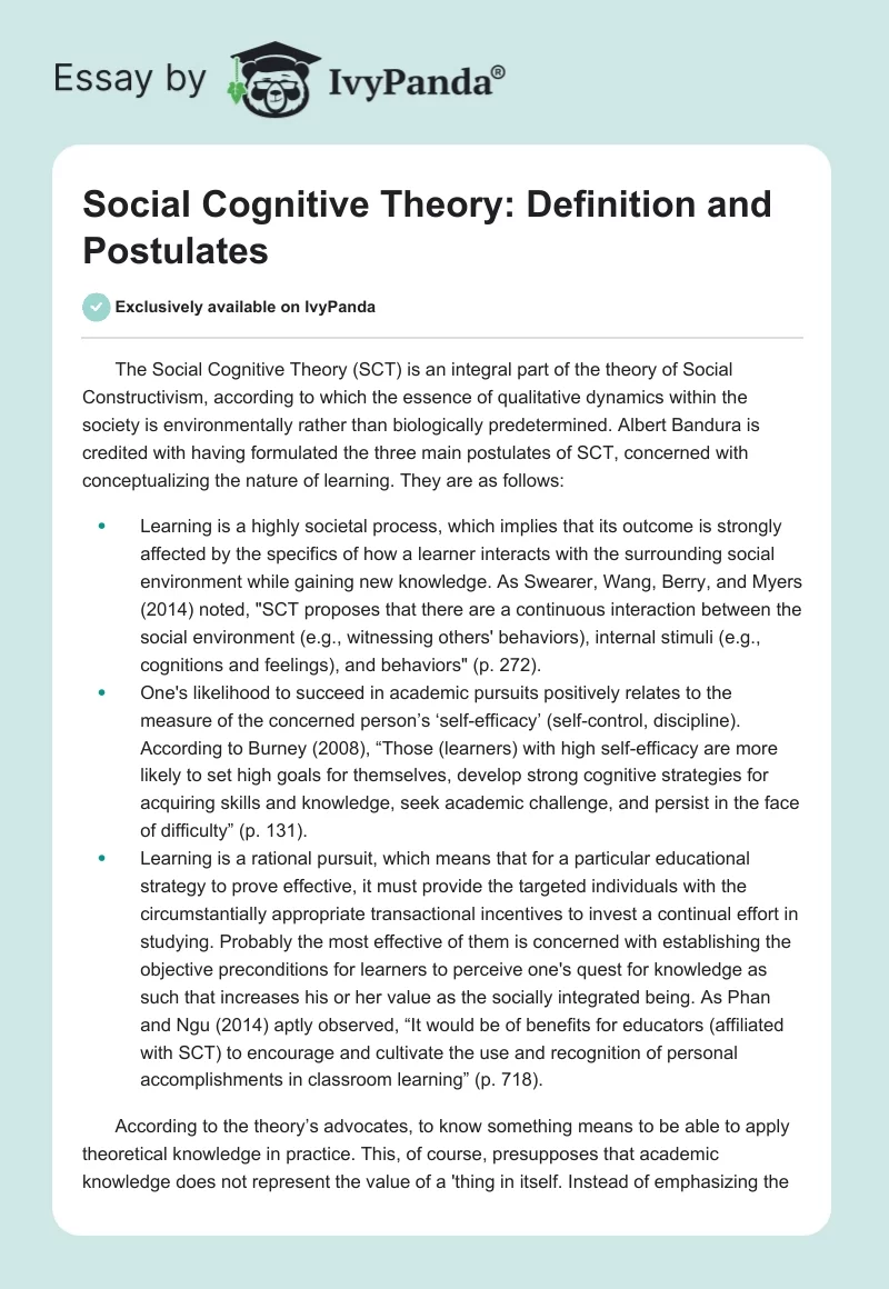 Social Cognitive Theory: Definition and Postulates. Page 1