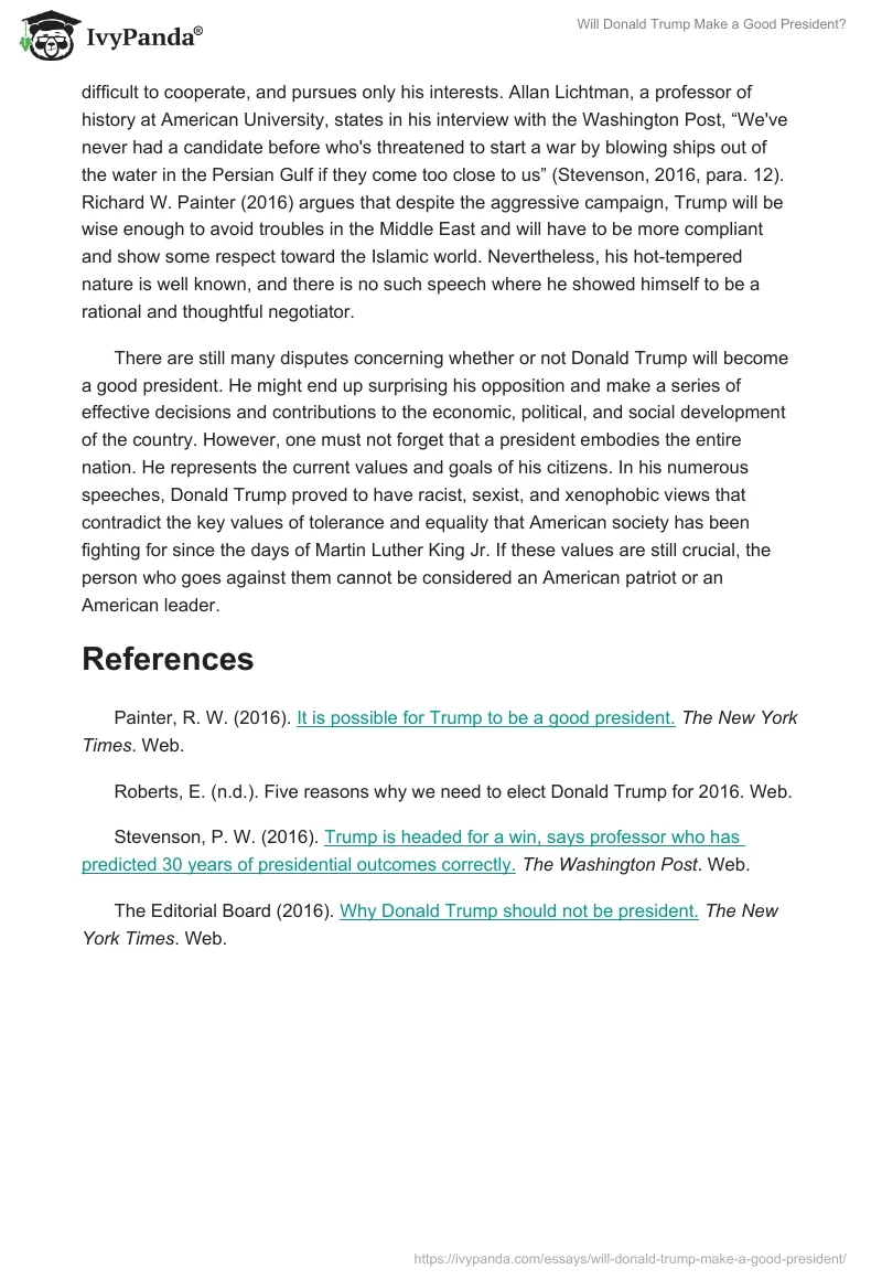 Will Donald Trump Make a Good President? - 616 Words | Essay Example