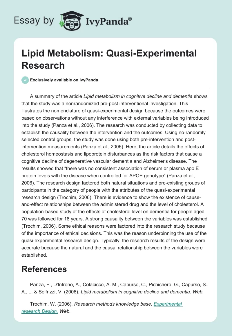 Lipid Metabolism: Quasi-Experimental Research. Page 1