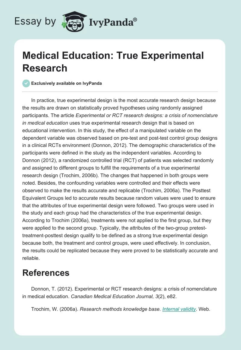Medical Education: True Experimental Research. Page 1