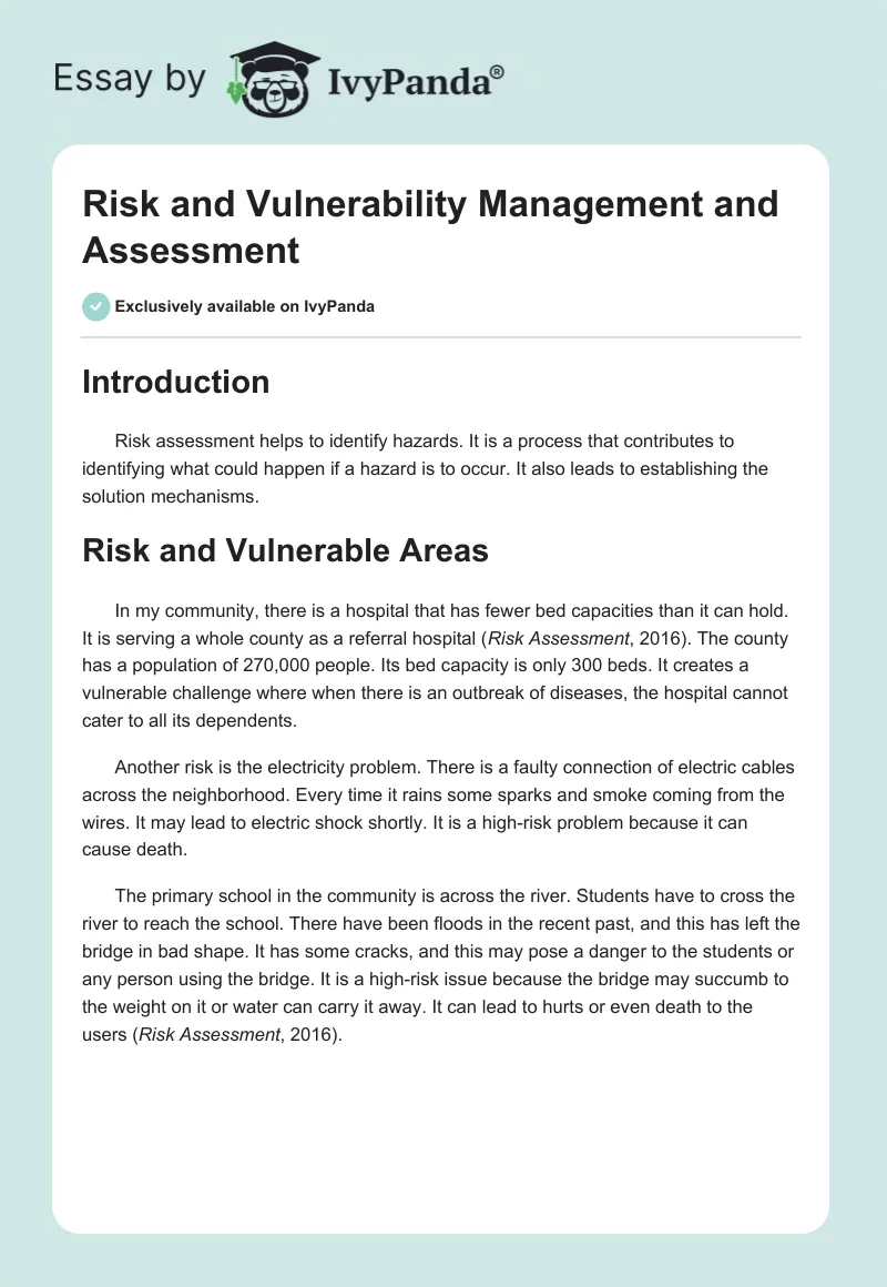 Risk and Vulnerability Management and Assessment. Page 1