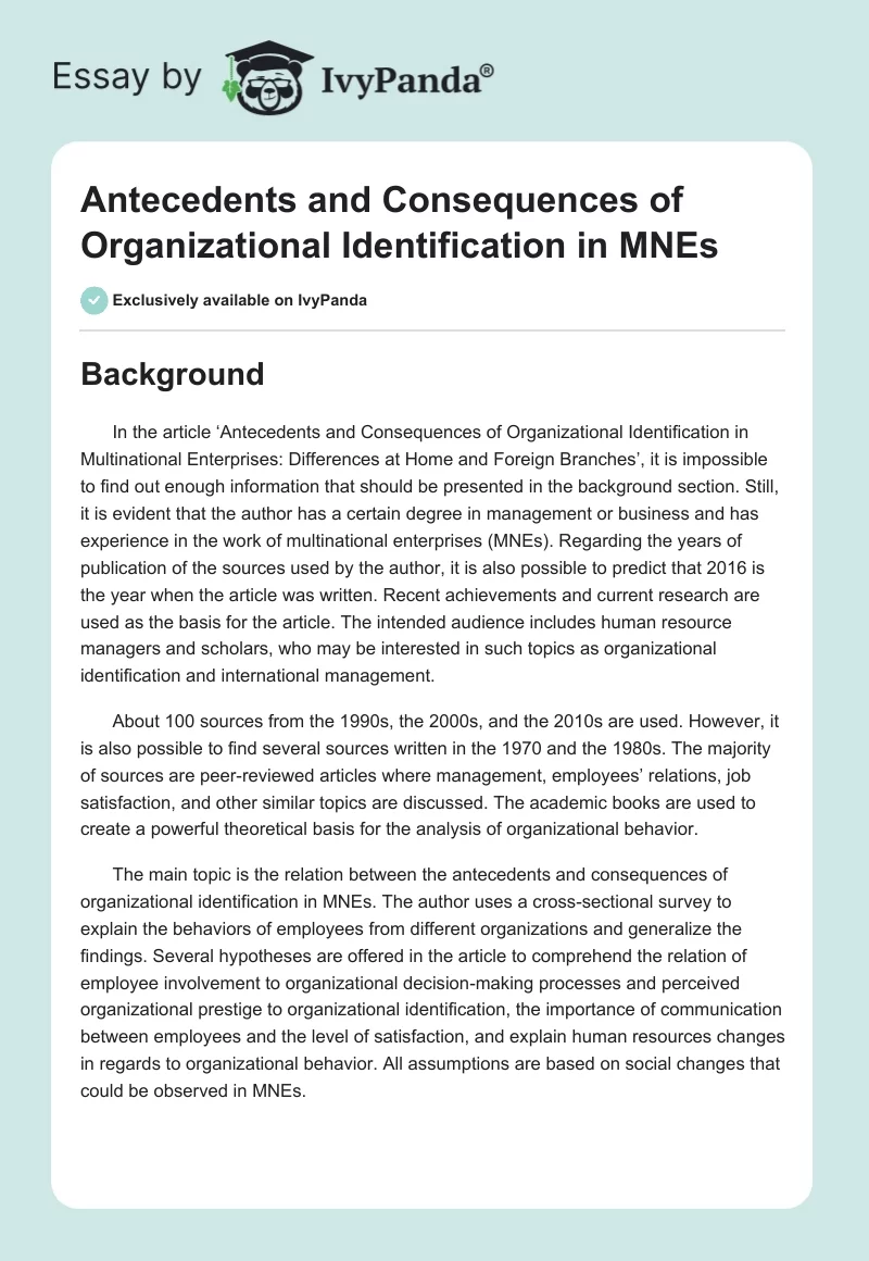 Antecedents and Consequences of Organizational Identification in MNEs. Page 1