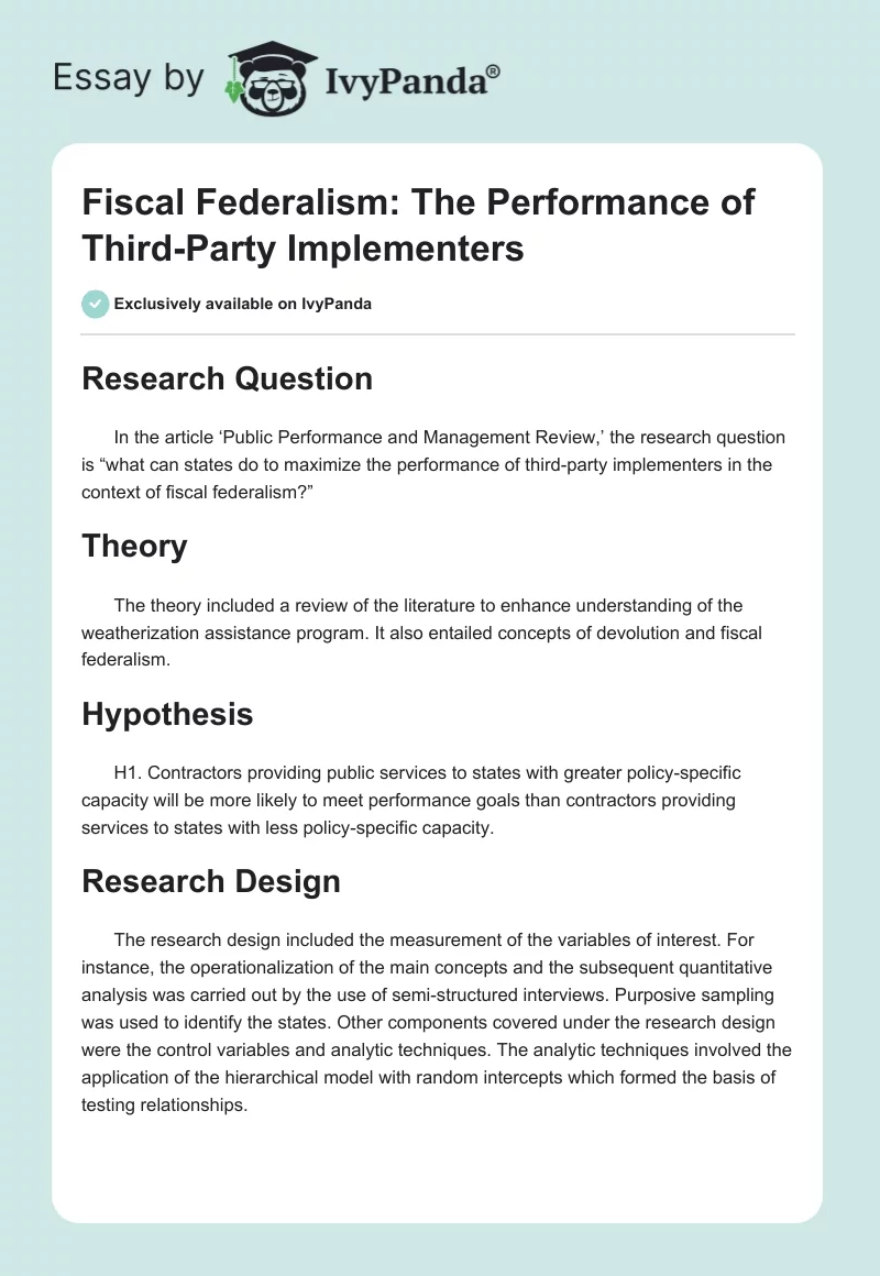 Fiscal Federalism: The Performance of Third-Party Implementers. Page 1