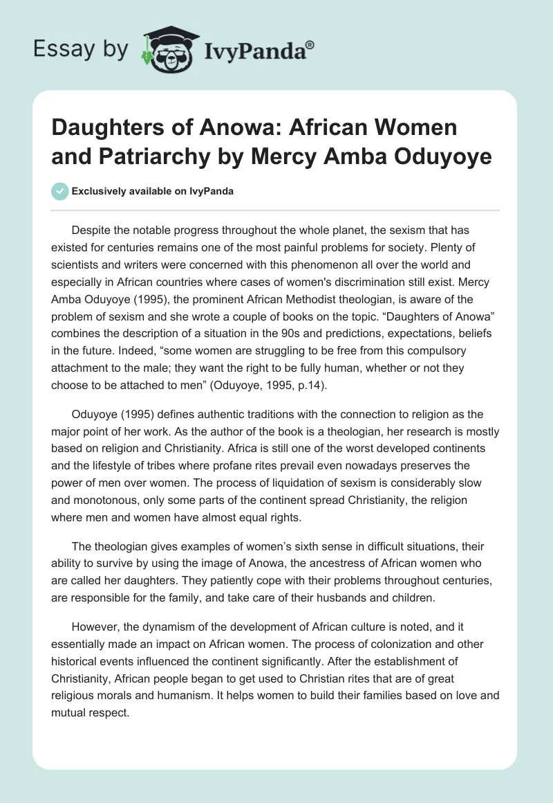 Daughters of Anowa: African Women and Patriarchy by Mercy Amba Oduyoye. Page 1