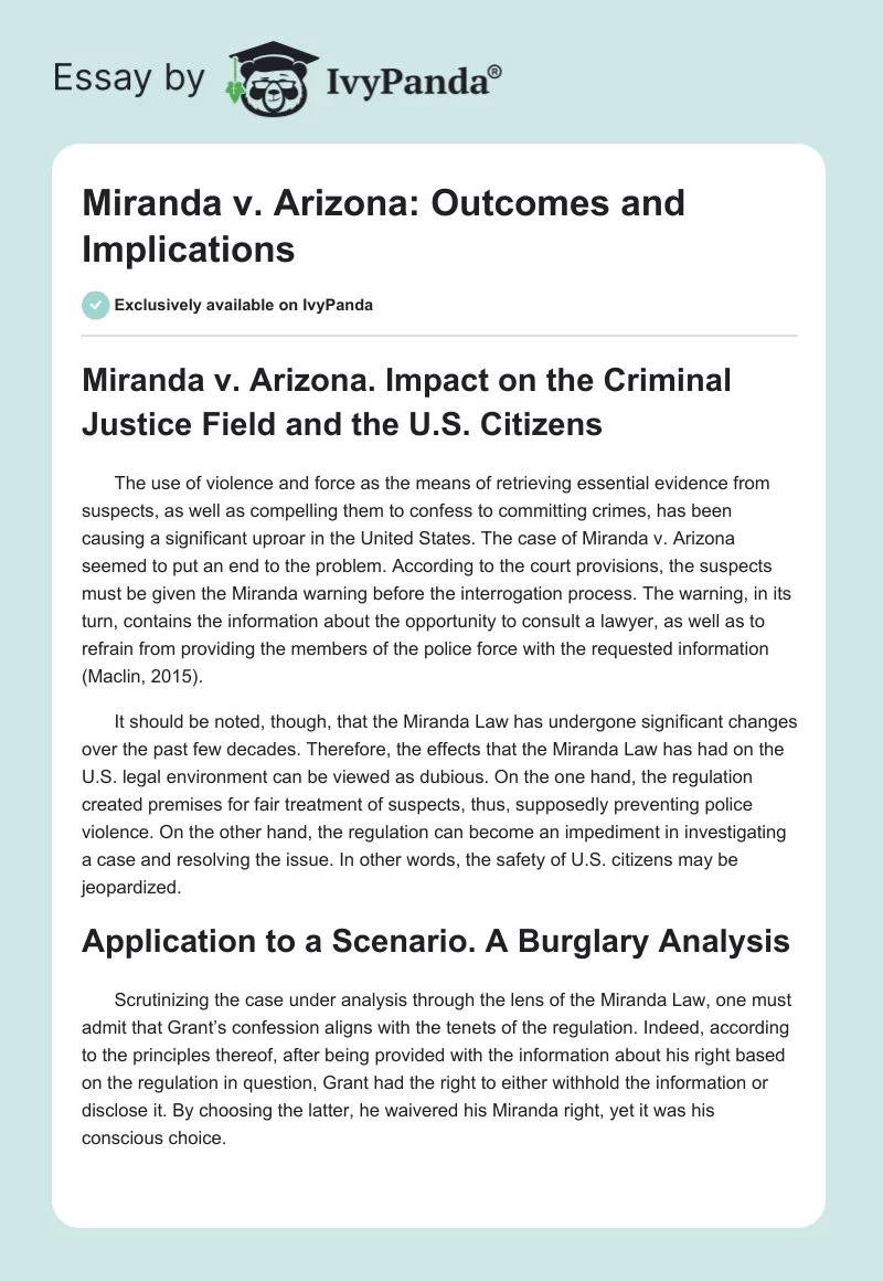 Miranda v. Arizona: Outcomes and Implications. Page 1