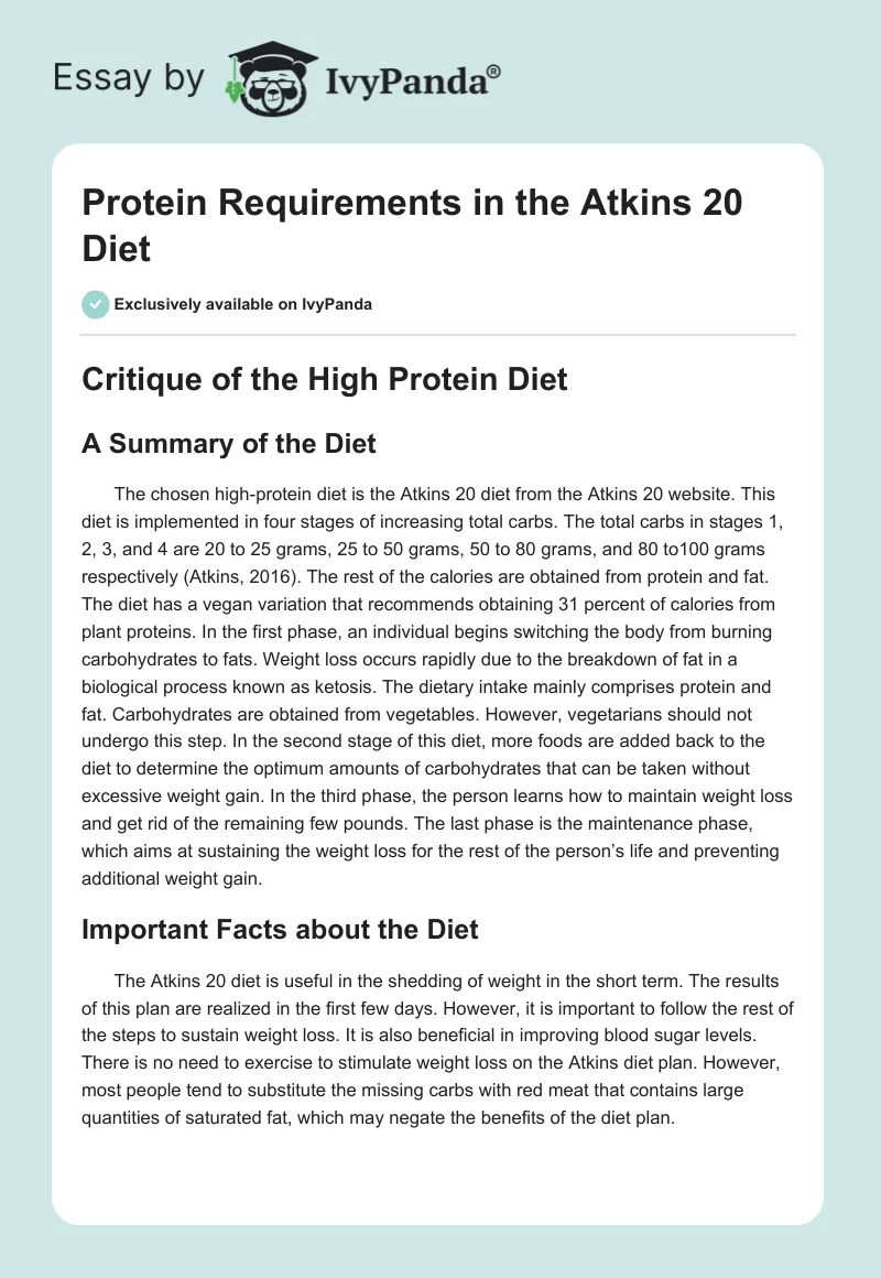 Protein Requirements in the Atkins 20 Diet. Page 1