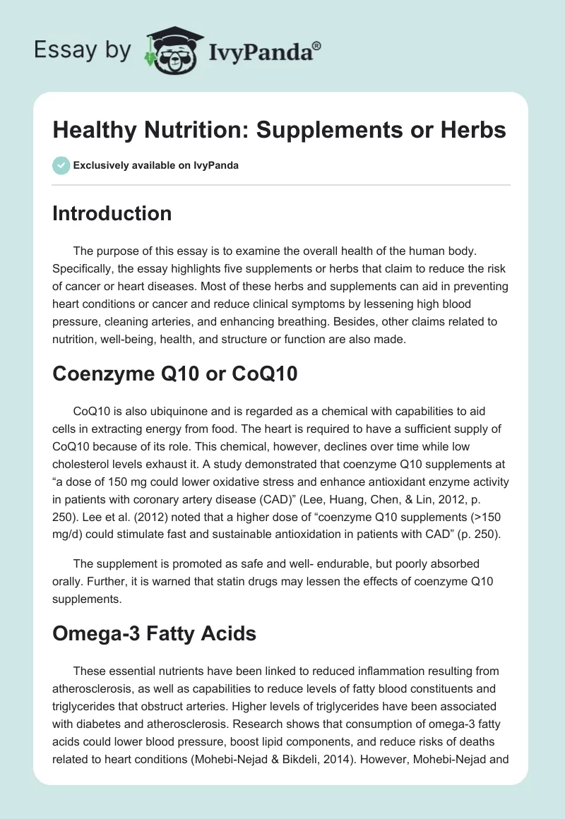 Healthy Nutrition: Supplements or Herbs. Page 1
