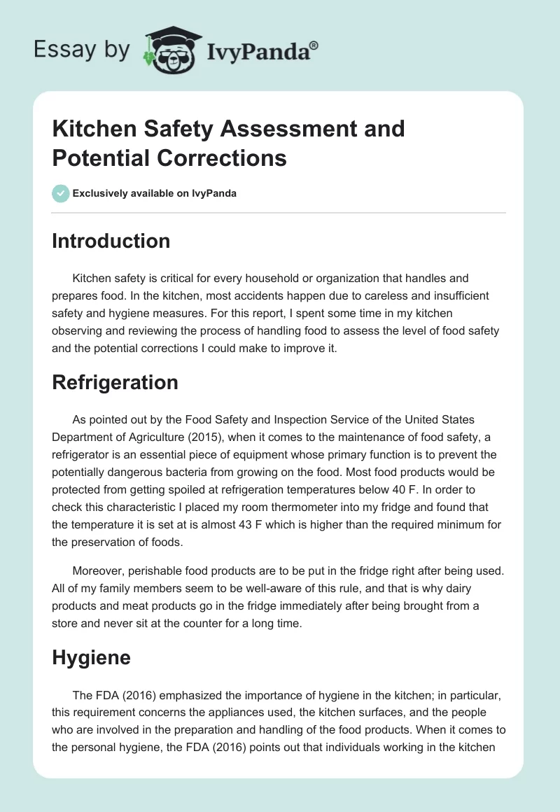 Kitchen Safety Assessment and Potential Corrections. Page 1