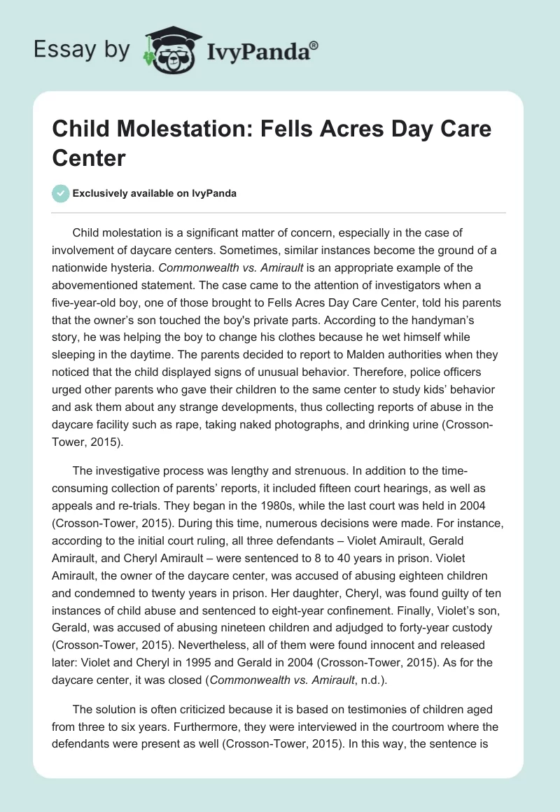 Child Molestation: Fells Acres Day Care Center. Page 1