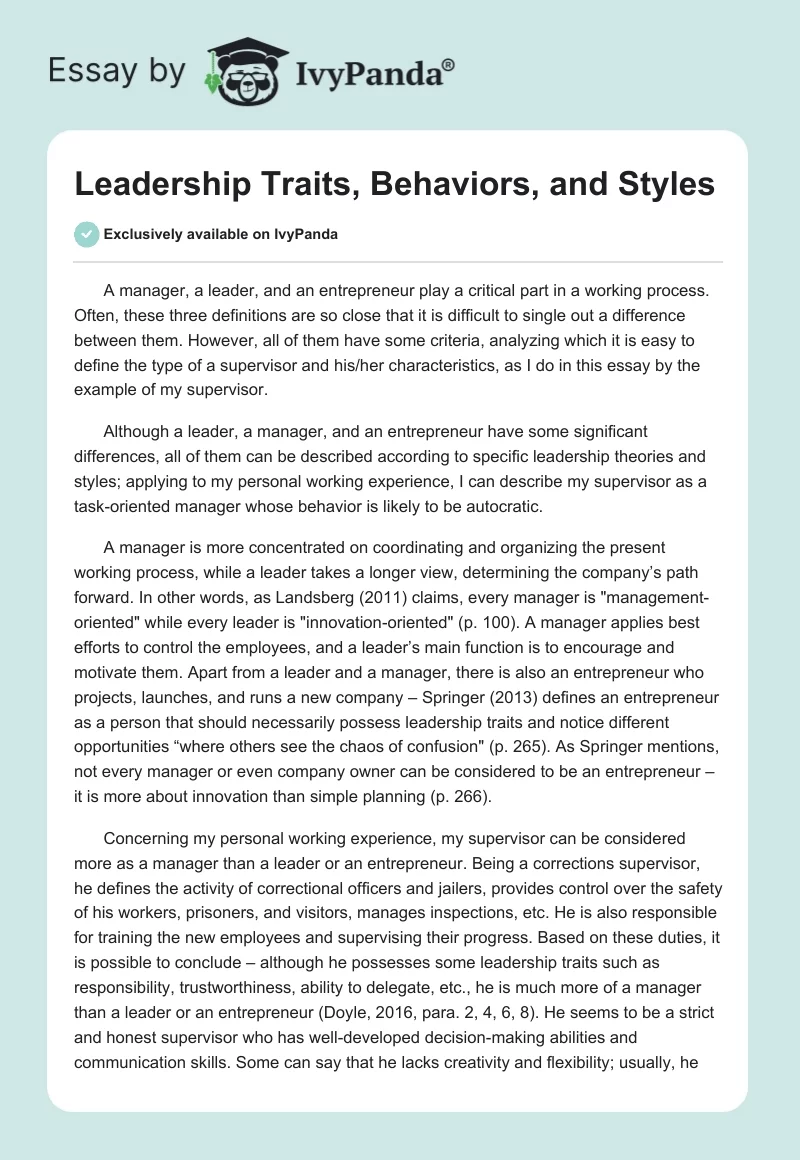 Leadership Traits, Behaviors, and Styles. Page 1