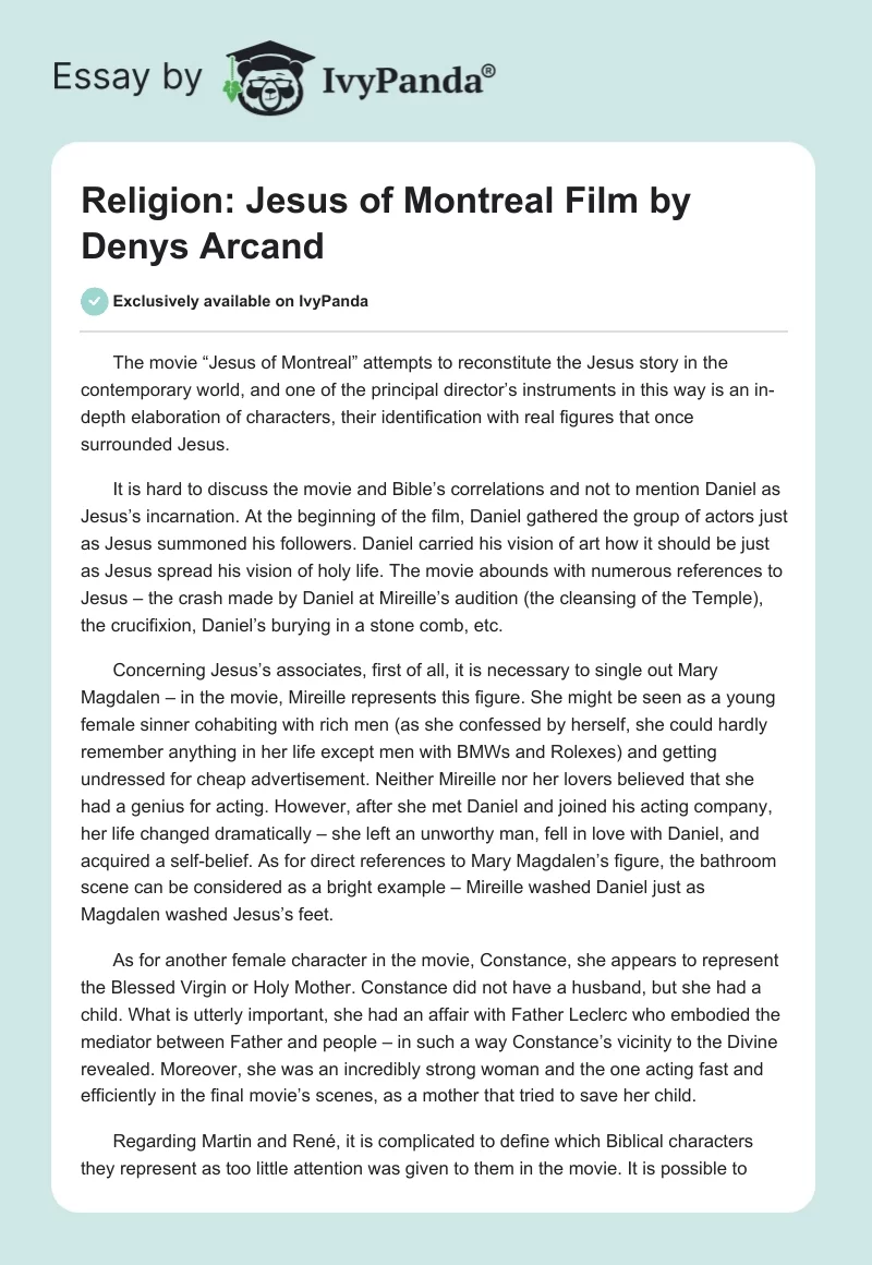 "Religion: "Jesus of Montreal" Film by Denys Arcand". Page 1