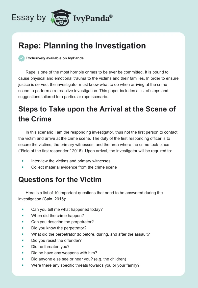 Rape: Planning the Investigation. Page 1