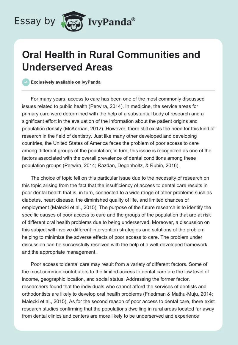 Oral Health in Rural Communities and Underserved Areas. Page 1
