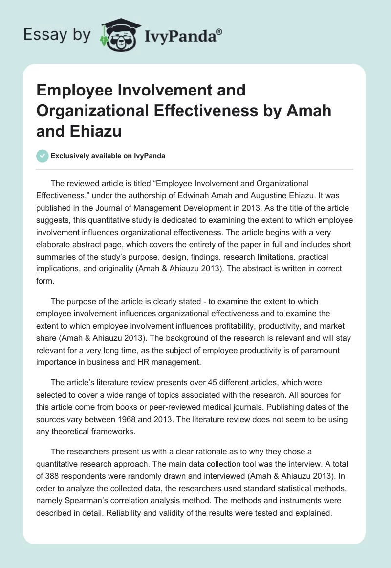 Employee Involvement and Organizational Effectiveness by Amah and Ehiazu. Page 1