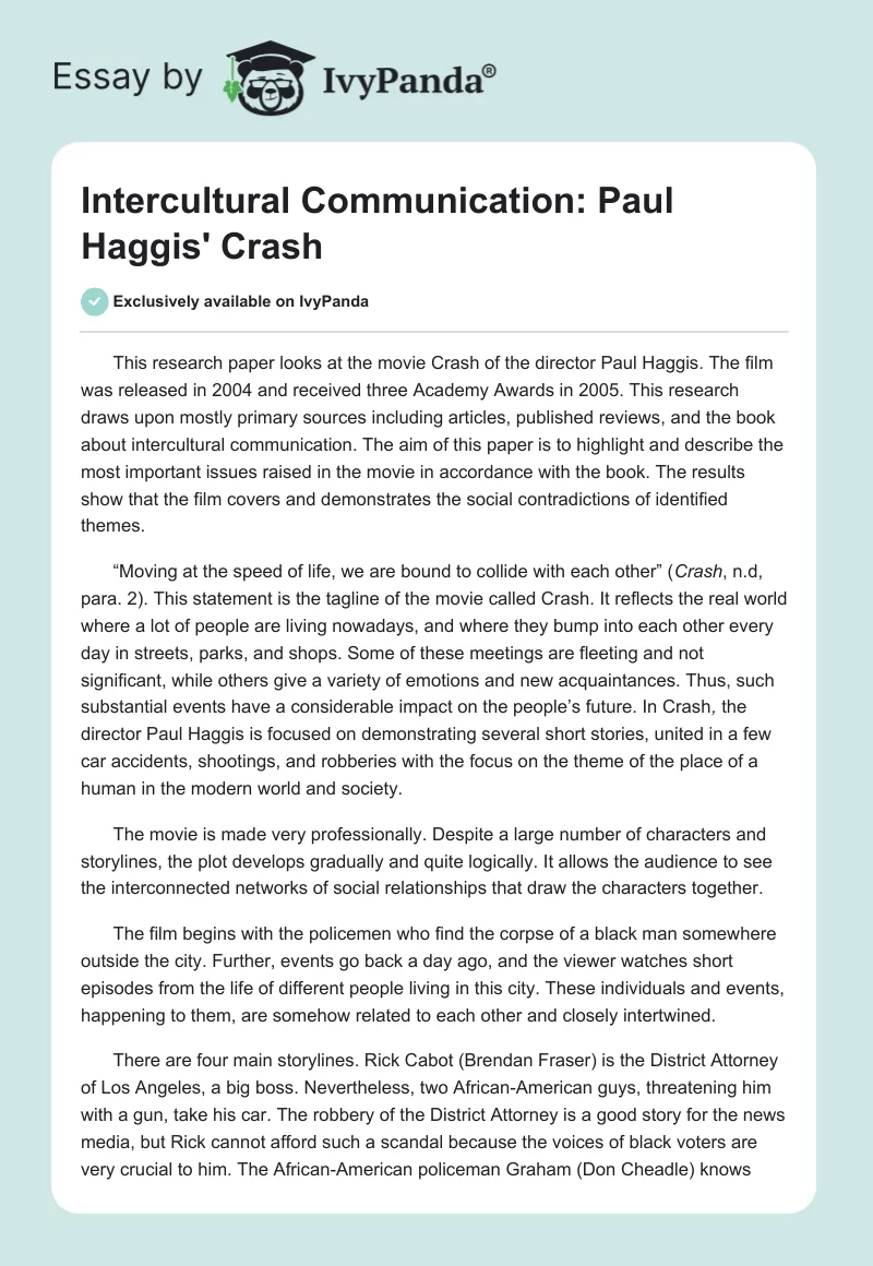 Intercultural Communication: Paul Haggis' "Crash". Page 1