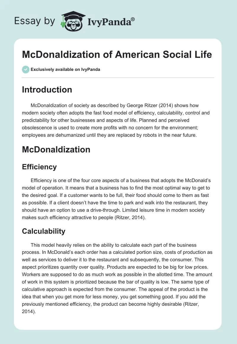 McDonaldization of American Social Life. Page 1
