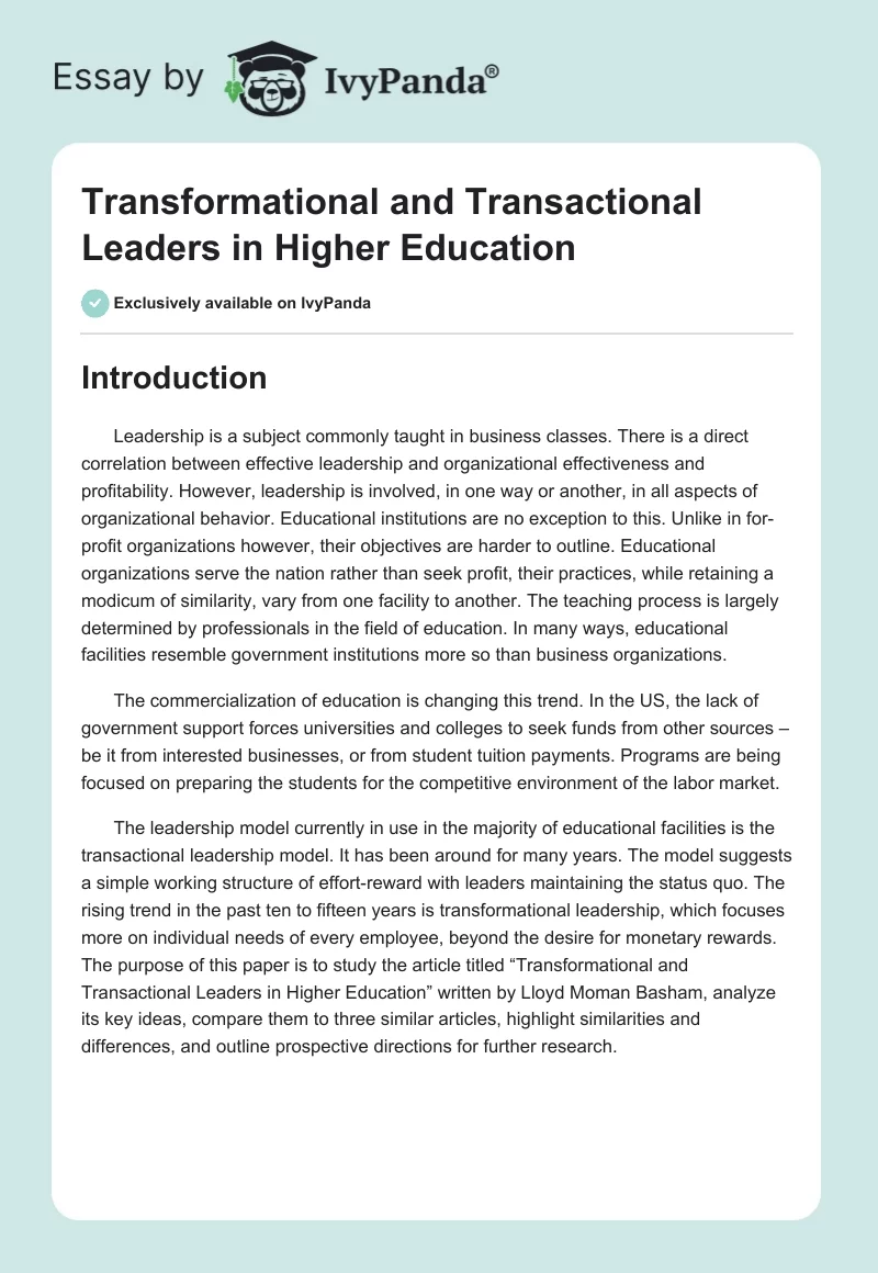 Transformational and Transactional Leaders in Higher Education. Page 1