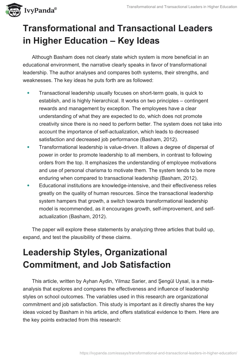 Transformational and Transactional Leaders in Higher Education. Page 2