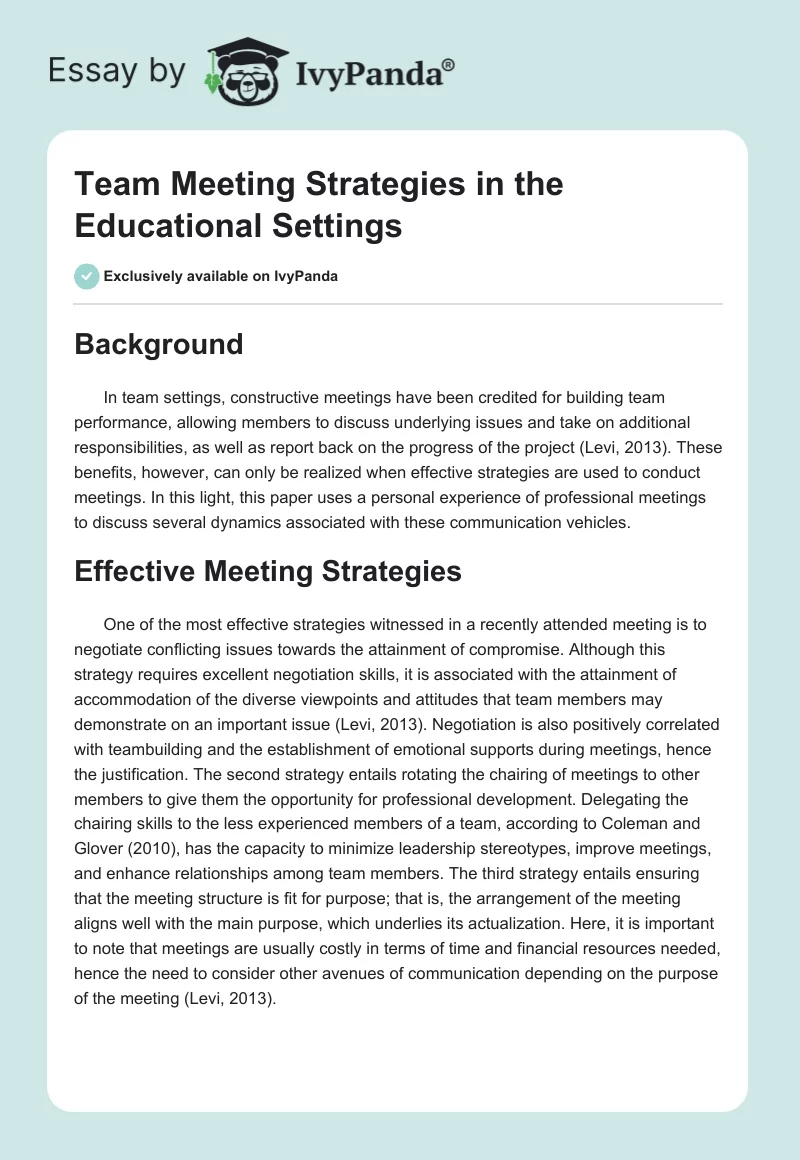 Team Meeting Strategies in the Educational Settings. Page 1
