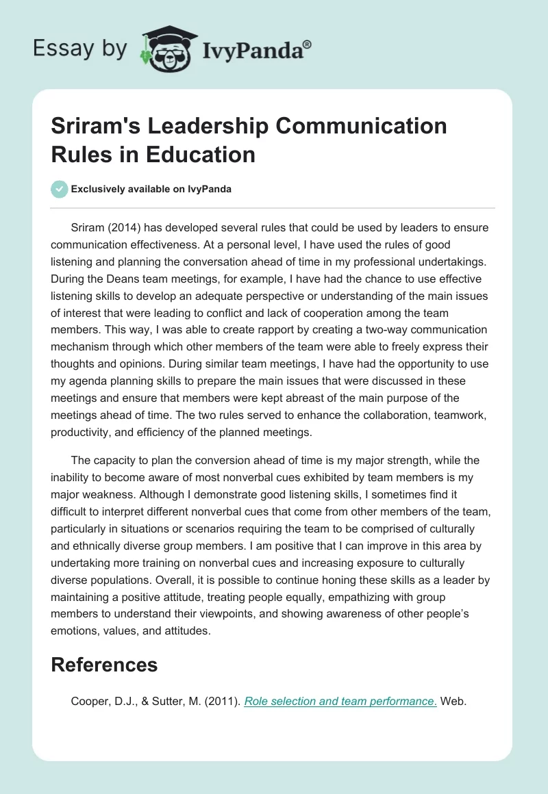 Sriram's Leadership Communication Rules in Education. Page 1
