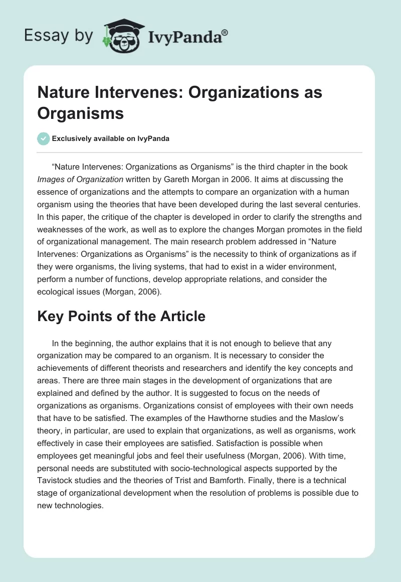 Nature Intervenes: Organizations as Organisms. Page 1