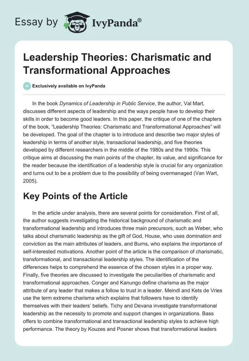 Leadership Theories: Charismatic and Transformational Approaches. Page 1