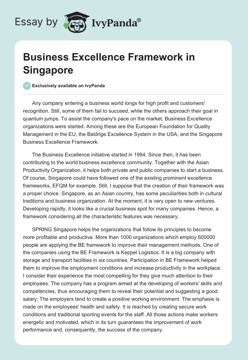 Business Excellence Framework in Singapore. Page 1