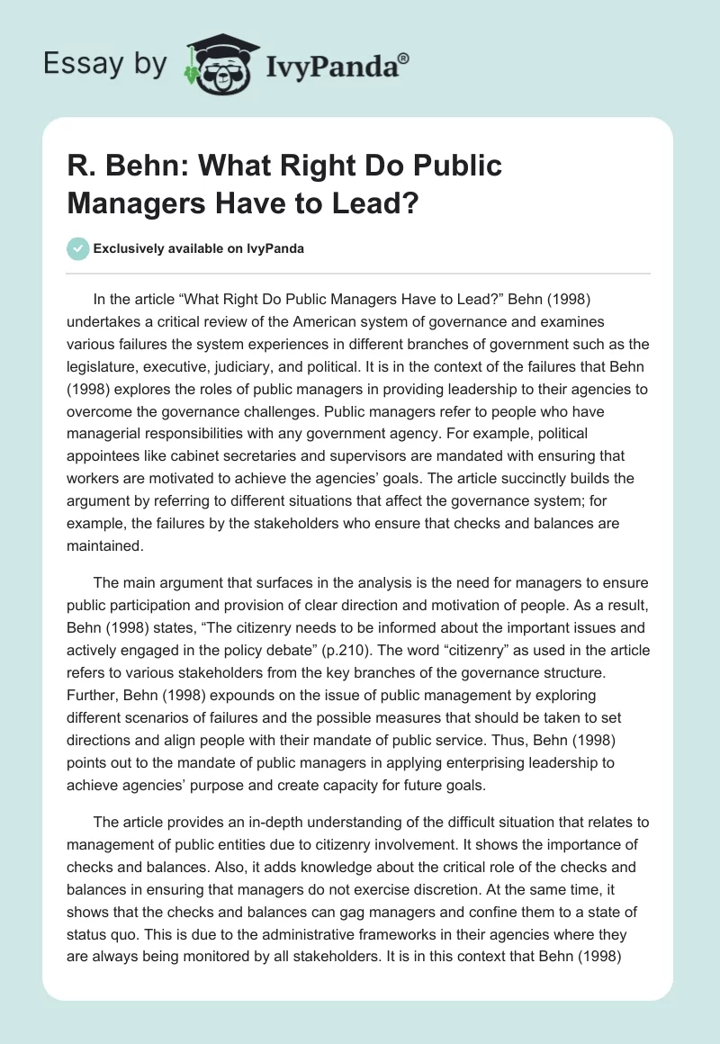 R. Behn: What Right Do Public Managers Have to Lead?. Page 1