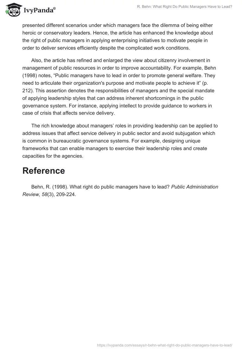 R. Behn: What Right Do Public Managers Have to Lead?. Page 2