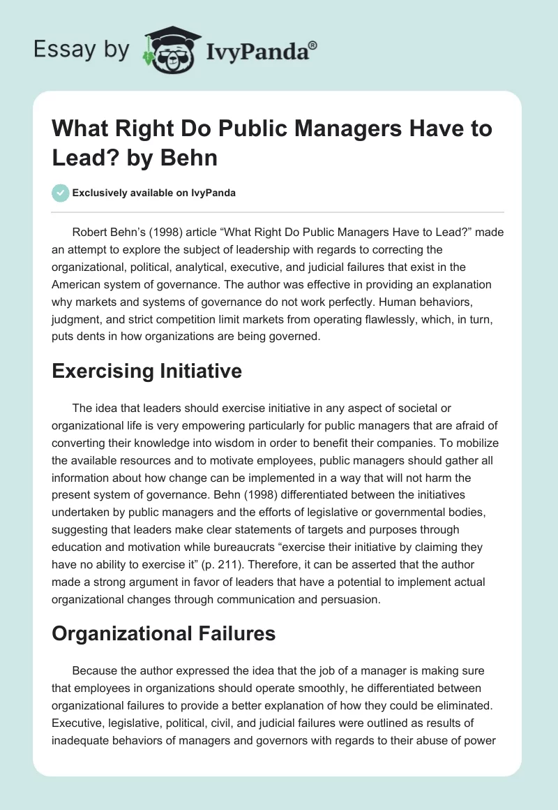 What Right Do Public Managers Have to Lead? by Behn. Page 1
