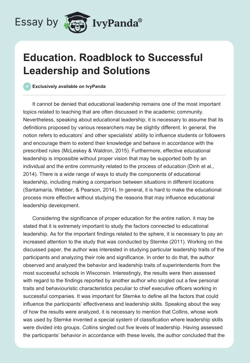 Education. Roadblock to Successful Leadership and Solutions. Page 1