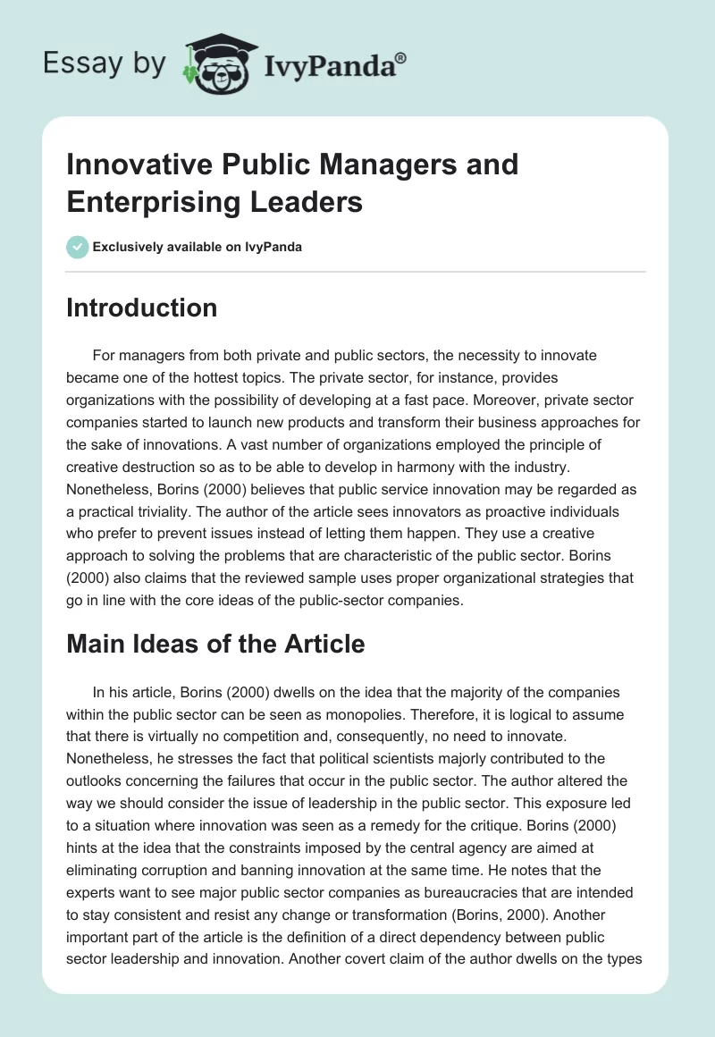 Innovative Public Managers and Enterprising Leaders. Page 1