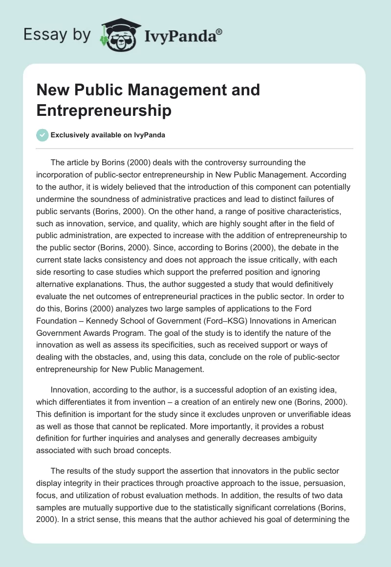 New Public Management and Entrepreneurship. Page 1