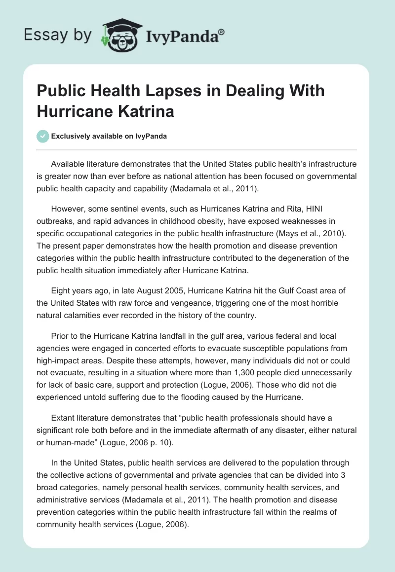 Public Health Lapses in Dealing With Hurricane Katrina. Page 1