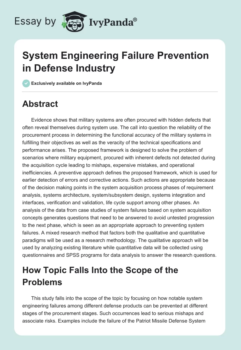 System Engineering Failure Prevention in Defense Industry. Page 1