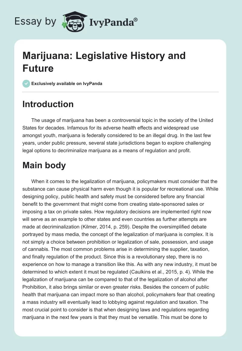 Marijuana: Legislative History and Future. Page 1